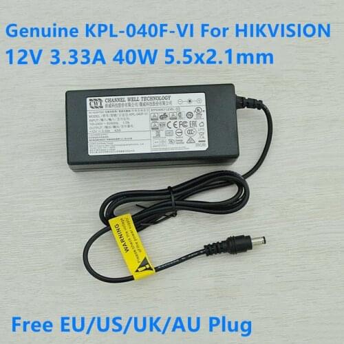 Genuine 12V 3.33A 40W 5.5x2.1mm CWT KPL-040F-VI KPL-040F Laptop AC Adapter For HIKVISION Video Recorder Power Supply Charger