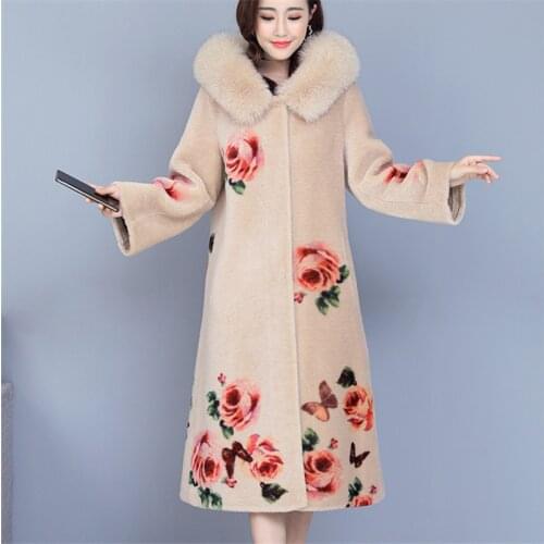 2021 Winter Fashion New Mid-Length Loose-Fitting Fur Collar Hooded Printed Particles Lamb Cashmere Fur One-Piece Fur Coat Women