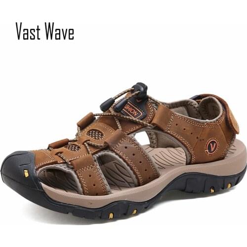 VASTWAVE 2019 New Big Size Genuine Leather Cowhide Men Sandals Summer Quality Beach Slippers Casual Sneakers Outdoor Beach Shoes