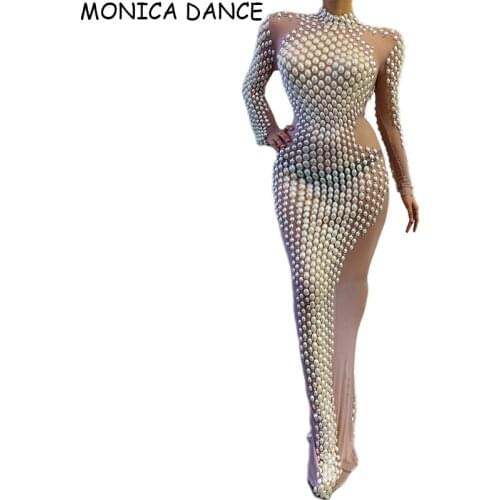 Sexy Nightclub Mesh Rhinestones Pearls Dress Birthday Celebrate Dance Dress Transparent Outfit Women Singer Wear Prom Long Dress