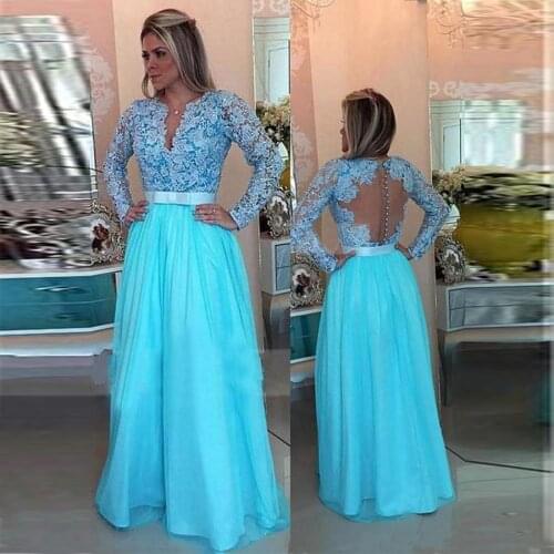 V-neck Long Sleeves A-line Evening Dresses Blue Lace and Chiffon with Pearls Long Sleeves Prom Dress vestido longo de festa