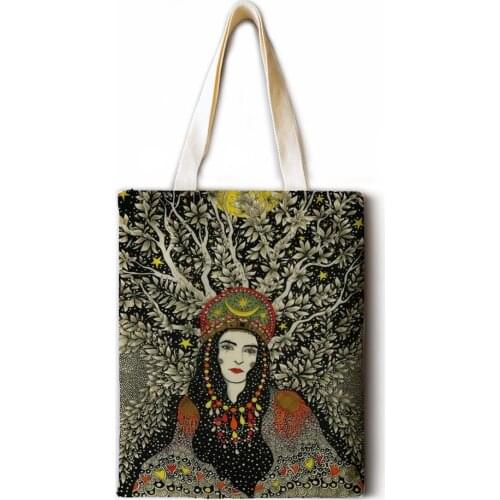 Oil painting girl hemp tote bag fashion shoulder bag lady leisure ecological shopping high quality foldable handbag