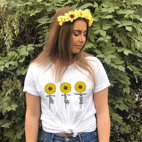 Faith Sunflower Jesus Print Graphic Tees Women Casual Short Sleeve Harajuku Aesthetic Streetwear T-shirt Christian Female Tops