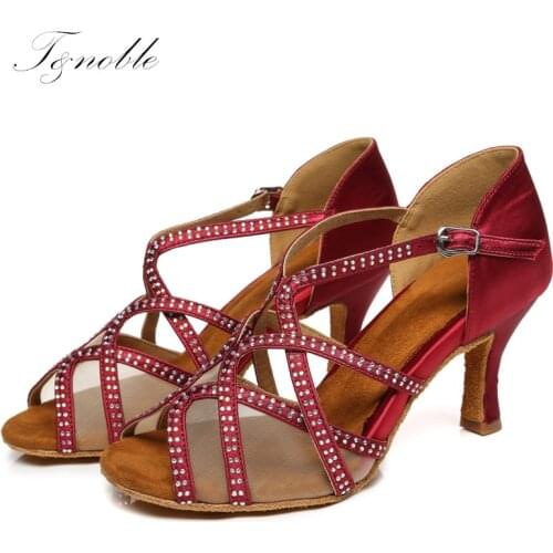Dance Shoes Women Latine Red Sandals Cuba Jazz Shining Colorful Rhinestones Girls Soft Bottom Square High Heels 5-10cm L441
