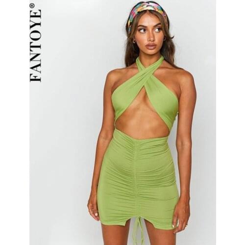 Fantoye Sexy Off-shoulder Ruched Dress Women Green Halter Hollow Out Mini Dress Summer Backless Fashion Partywear Skinny Vestido