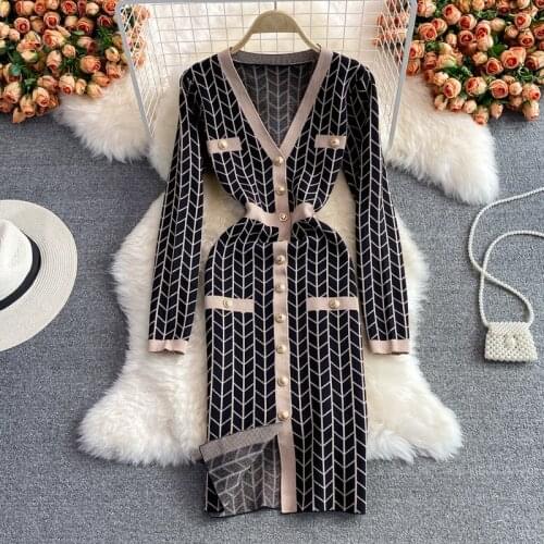 Small Fragrance Long Sleeve Knitted Sweater Dress Women Plaid Sexy Sheath Bodycon Vintage Dress Autumn Winter Fashion Robe Femme