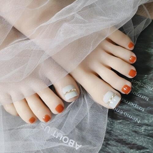 24Pcs/Set Glitter Orange Artificial Fake Toe Nails Phnom Penh False Toenail DIY Foot Nail Art Tips With Design Manicure Tools