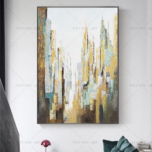 100% Handmade City Golden Green Abstract Painting Modern Art Picture For Living Room Modern Cuadros Canvas Art High Quality