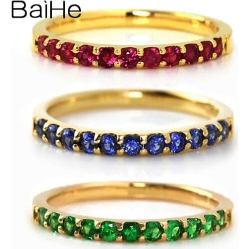 BAIHE Genuine Solid 14K Yellow Gold 0.40ct Natural Emerald/Ruby/Sapphire Kольцo Trendy Fine Jewelry Wedding Band Ring Women Gift