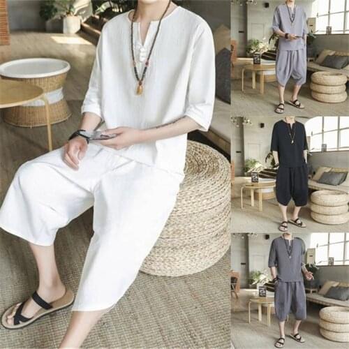 Traditional Chinese Style Summer Men Linen Tang Suit Short Sleeve T-shirt+Pant Clothing Set Oriental Kung Fu Costumes