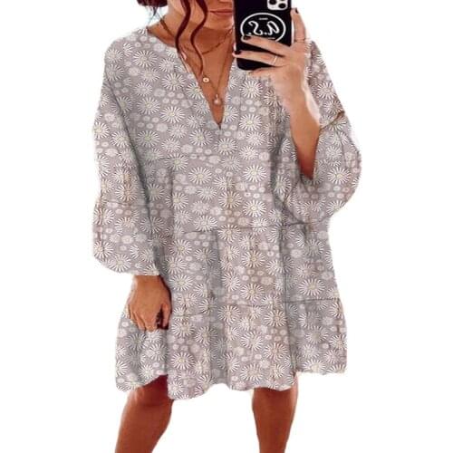 Summer Womens Cool Loose Dress Trumpet Sleeve Flower Print Sexy V-neck Beach Dress Holiday Soft Breathable Party Dress