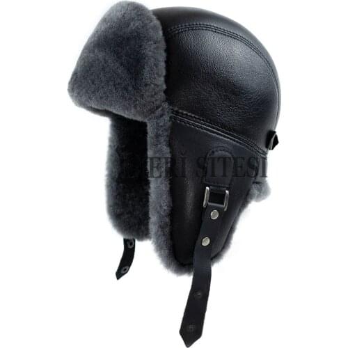 Mens Shearling Sheepskin Leather Aviator Russian Ushanka Trapper Winter Fur Hat Grey - Handmade Leather Hat