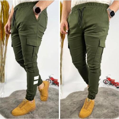 Men casual pants plus size men solid color multi-pocket drawstring ankle tie cargo pants trousers summer warm weight pants