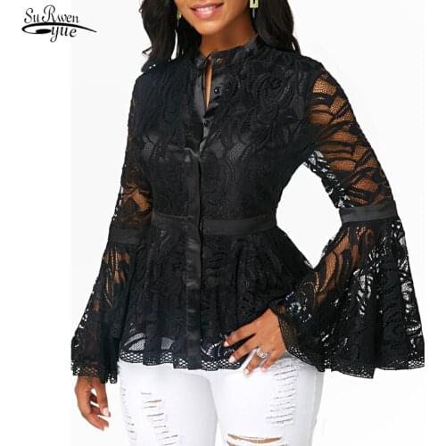 2021 Spring New Plus Size Lace Blouse Women Long Flare Sleeve Blouse Mesh Shirt Womens Sexy Tops Fashion Blusas Mujer 7946
