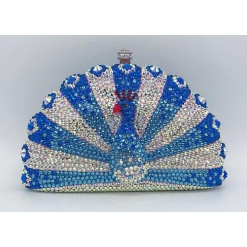 New Fashion XIYUAN AB Crystal Full Diamond Evening Clutch Purse Luxury Blue Rhinestone Gemstone Peacock Chain Shoulder Handbags