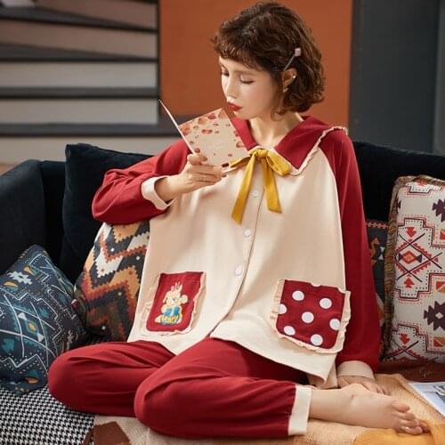 Pajamas Lapel Long Sleeve Sleepwear Ladies Loose Homewear Two-piece Suit Fashion Nightgown Pregnant Women pijamas New Arrival