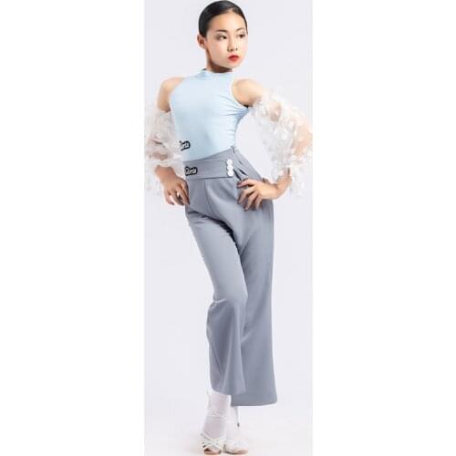 Mesh Ballroom Dance Tops Girls Gray Latin Dance Pants Stage Costume Salsa Clothing Modern Dancewear Tango Dancer Outfit JL3361