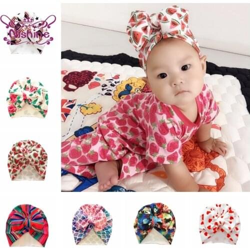 18*16 CM Printed Hats Baby Girls Bowknot Caps with Fruits Pattern Fashion Children Headwear Hair Accessories Photography Props
