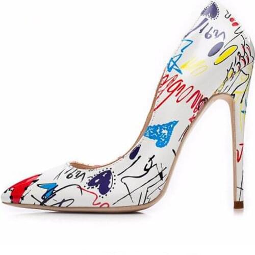 Size35-42 Artistic Graffiti Print Women Sexy Stiletto High Heels Black Ladies Party Wedding Shoes Pointed Toe Ladies Pumps Shoes