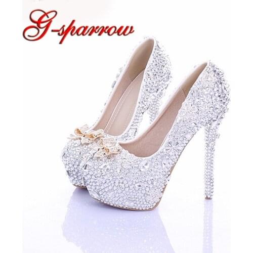 Cinderella High Heels Crystal Wedding Shoes 14cm Thin Heel Rhinestone Bridal Shoes Round Toe Formal Occasion Prom Shoes