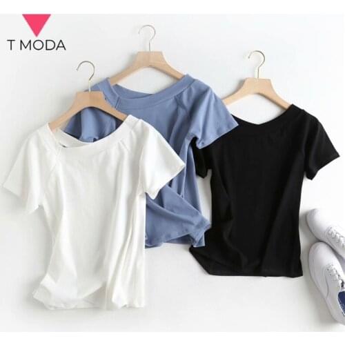 T MODA 2021 Summer New Arrival Womens Chic T Shirt Lady Short Sleeve Skew Collar Female Lady Slim Tshirt Tee Sexy White Tops