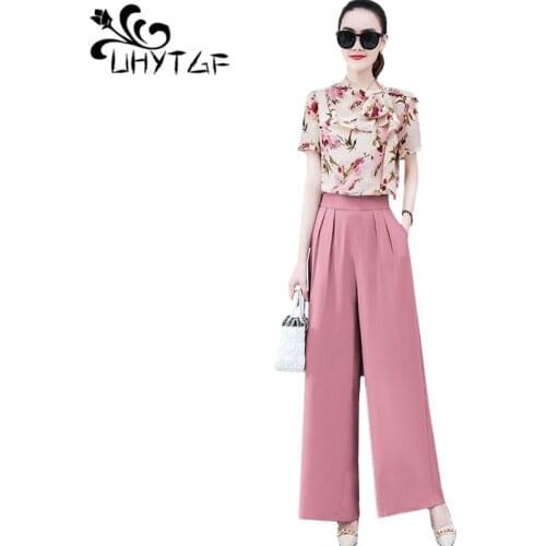 UHYTGF Fashion summer two peice set womens chiffon thin printing top+wide-leg pants suit Female elegant plus size tracksuit 1173