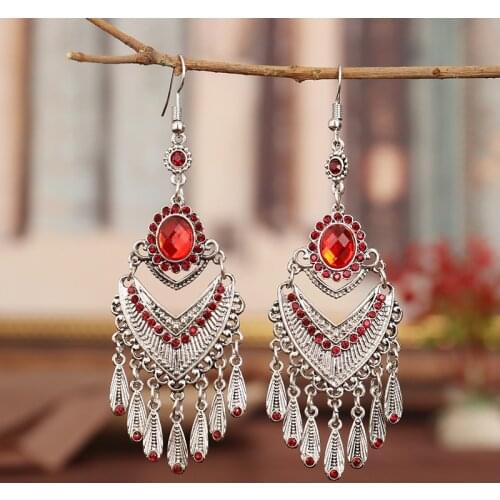 2020 Vintage Red Crystal Beaded Wedding Earrings Kolczyki Boho Ethnic Long Tassel Rhinestones Hanging Earrings For Women Bijoux