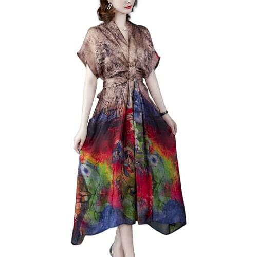 High quality Silk Print Plus size Dress New Fashion Women Summer Dresses V-neck Bat Short sleeve Female Retro Long Vestido OK654