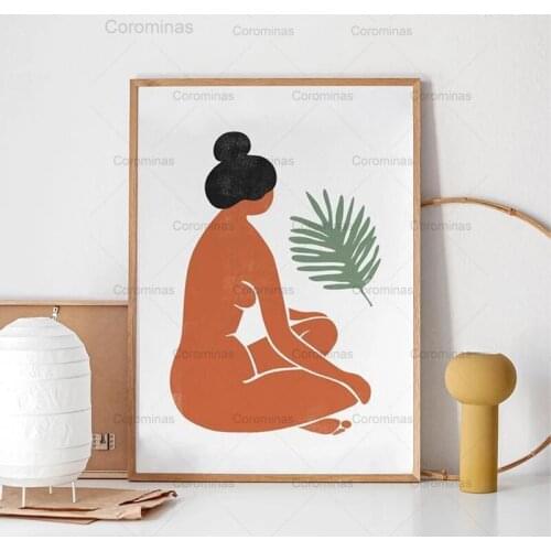 Woman Figure Canvas Painting Tropical Leaf Modular Posters and Prints Female Illustration Orange Terracotta Wall Art Home Decor