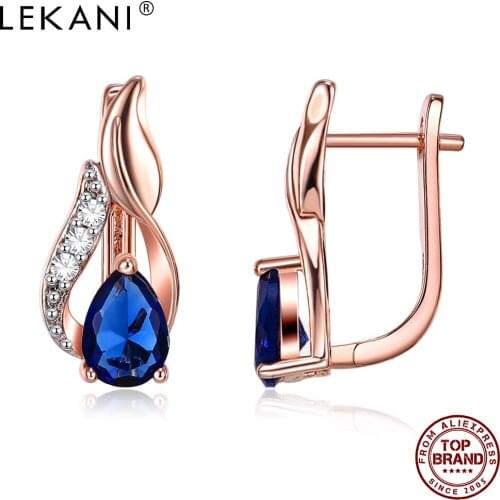 LEKANI Popular Earrings For Women Golden Water Drop Stud Earring Royal Blue Cubic Zirconia Valentine Day Gift Jewelry Hot Sale