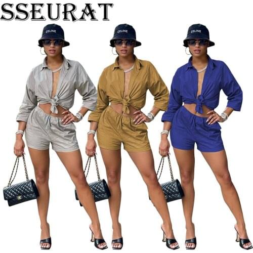 SSEURAT Women Shorts Set Solid Bandage Shirts Tops + Shorts Two 2 Piece Sets Fashion Streetwear Casual Outfits for Ladies Fal