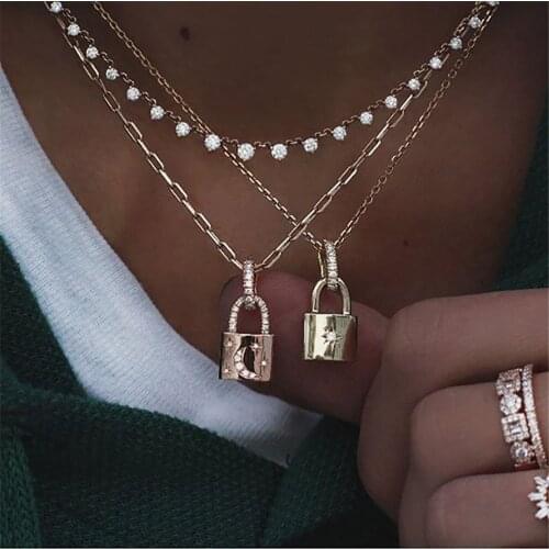 2020 New Fashion Geometric Star Moon Crystal Inlaid Lock Pendant Necklaces For Women Multilevel Female Boho Necklace Jewelry