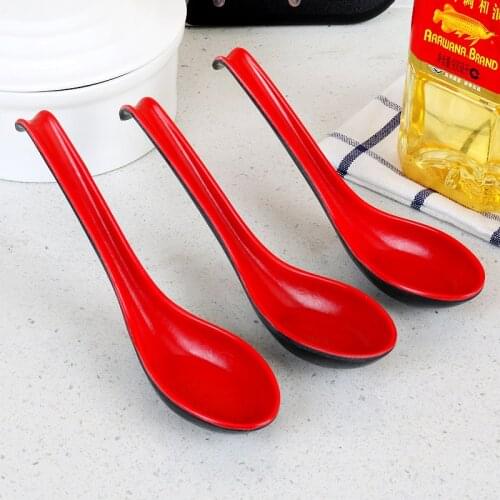5pcs Practical Red and Black Spoon Imitation Porcelain Long-handled Spoon Anti-scald Non-slip Drinking Soup Spoon Noodle
