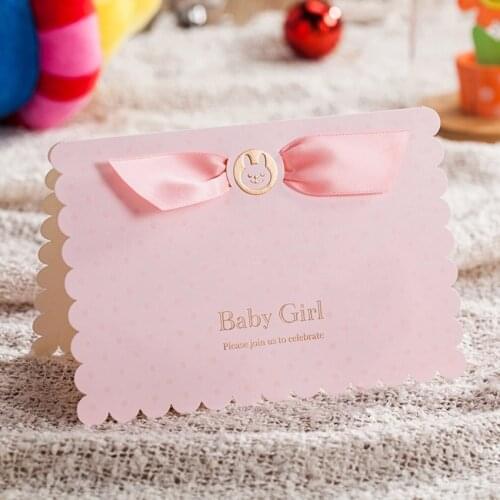 Baby Birthday Invitation Cards with Cute Baby Car and Pink Ribbon Baby Shower Greeting Crad For Girls Party Decoration CW5301