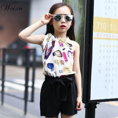 Childrens Clothing Set Summer Girl Chiffon Sleeveless Top + Bow Shorts Suit Clothes for Kids Girls 5 6 8 10 11 12 14 Years Old
