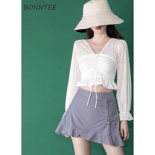 Bikini Sets Women Swimwear V-neck Lantern Sleeve Pleated Lace Up Casual Sweet Mori Girl Style Korean Simple Summer Fashion Soft