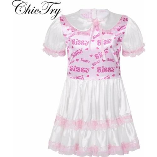 Mens Sissy Silky Satin Doll Collar Short Puff Sleeves Printed Bodice Lace Trimmed Ruffled Dress Adult Baby Cross Dresser Costume