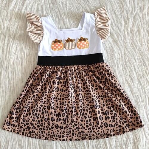 Wholesale children fashion frocks baby girl halloween dress with pumpkin embroidery girls leopard dress