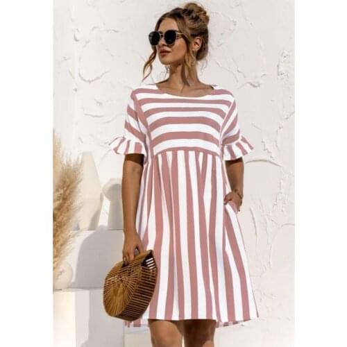 Women Vintage Striped Printed Ruffled A-line Dress Short Sleeve O neck High Street Casual Mini Party Dress 2021 Summer New Dress