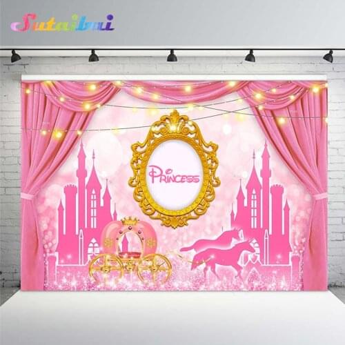 Pink Castle Curtain Glitter Pumpkin Carriage Backdrop Photography Vinyl Frame Princess Girl Birthday Party Decoration Background