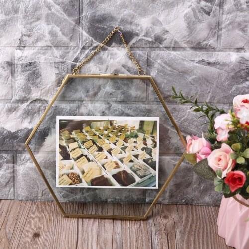 Hexagon Floating Hanging Photo Frame Metal Glass Portrait Picture Plant Specimen 667A
