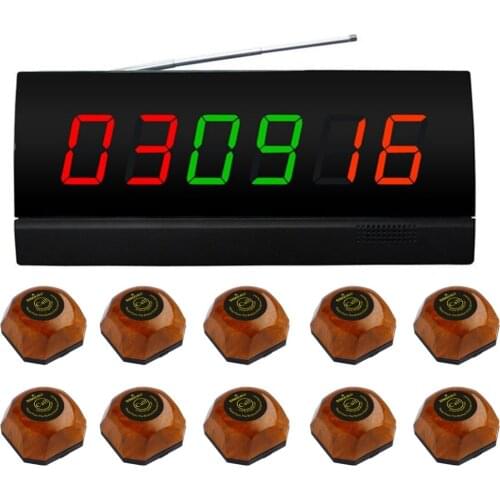 SINGCALL Wireless Table Calling Button,10 Brown Single Call Bell and 1 Display for Restaurant, Coffee Shop APE2300 and APE560