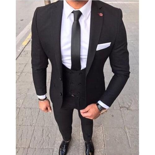 Stylish Design Two Buttons Black Groom Tuxedos Groomsmen Notch Lapel Mens Suits Blazers (Jacket+Pants+Vest+Tie) W:1154