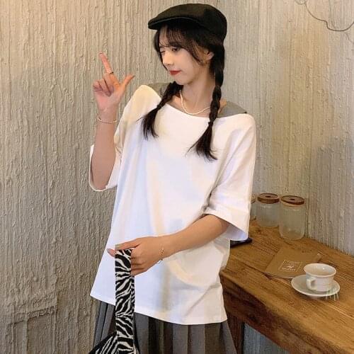 Scheming design strapless short-sleeved T-shirt women loose and thin clavicle summer wild 2021 summer new