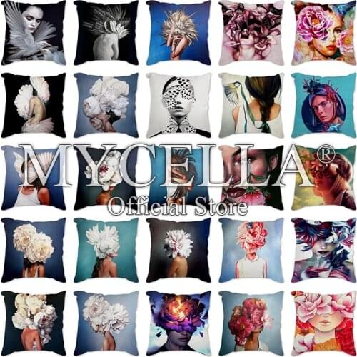 Cushion Woman Flower Head Decoration Cushion Cover Creative Bird Pattern Sofa Household Throw Pillowcase