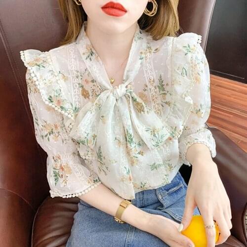 Summer 2021 new floral chiffon shirt female bow temperament blouse fashion slim shirt