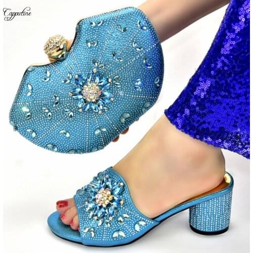 Sky Blue Ladies Shoes And Bag Set African Women High Heels Summer Slippers Sandals With Purse Handbag Party Pumps 928-7 7.5CM