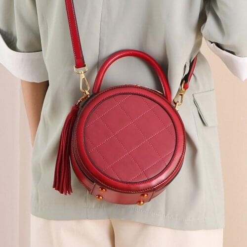 Women New Handbags 2020 Designer Sweet Circular Small Bag Red Green Single Crossbody Plaid Genuine Leather Tassel Tote Handbag