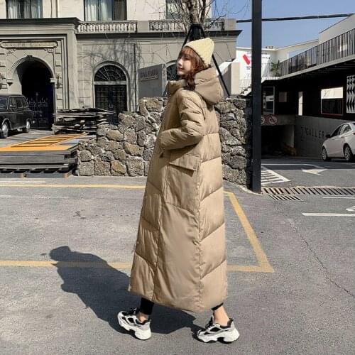 Women Winter Hooded Super Long Parkas Zipper Bread Cotton Overcoat Slim Fit Coat Warm Jacket Ankle Length Thicken