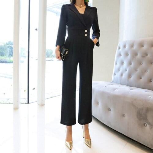 2019 Spring New Women Fashion Jumpsuits Notched Collar Long Sleeve Striped Slim OL Overalls Buttons High Street Femme Clothing